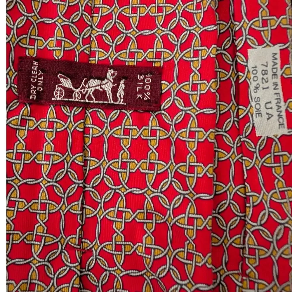 Vintage Hermès 100% Silk Men's Red Tie With Gold & Gray Geometric Designs